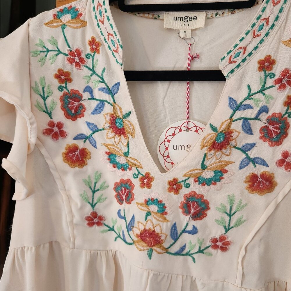Umgee Embroidery Notched Double Ruffle Sleeve Blouse - Picture 6 of 11